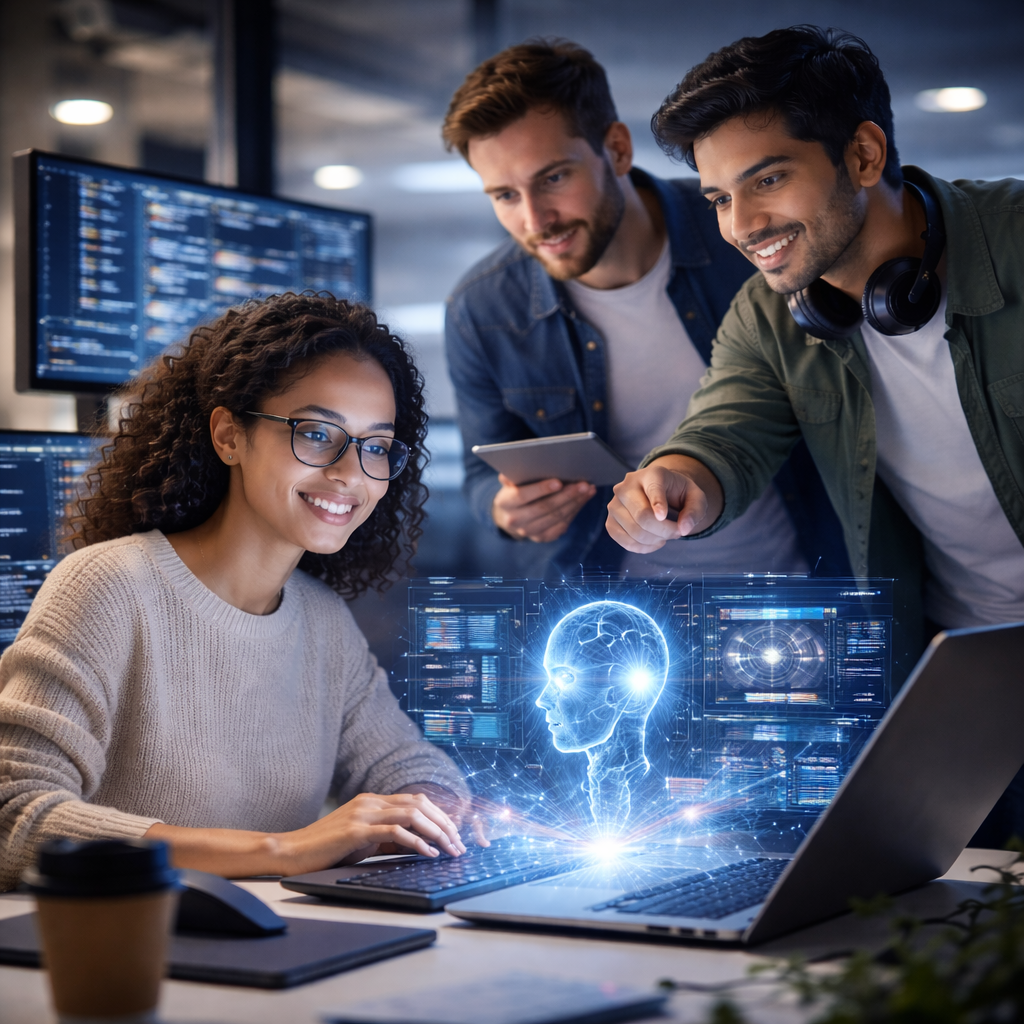AI developers working together on advanced machine learning models in a modern workspace