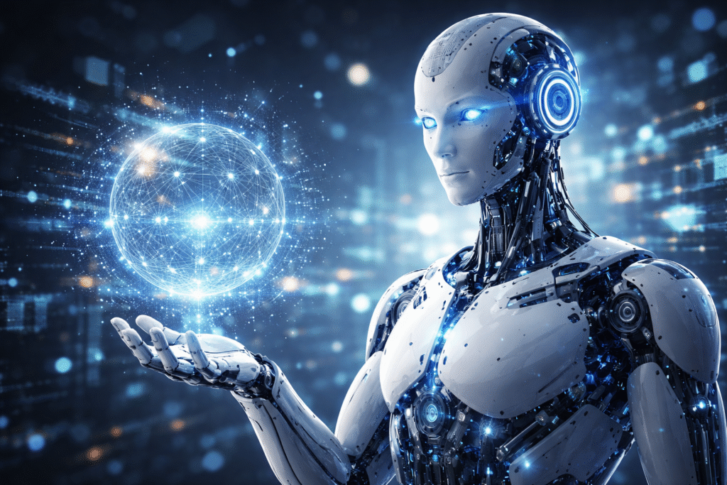 AI technology concept showing a realistic humanoid robot holding a glowing digital network sphere in a futuristic environment