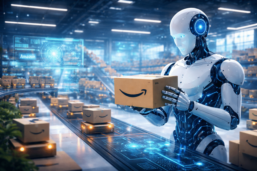 Artificial intelligence Amazon warehouse automation with humanoid robot managing smart logistics