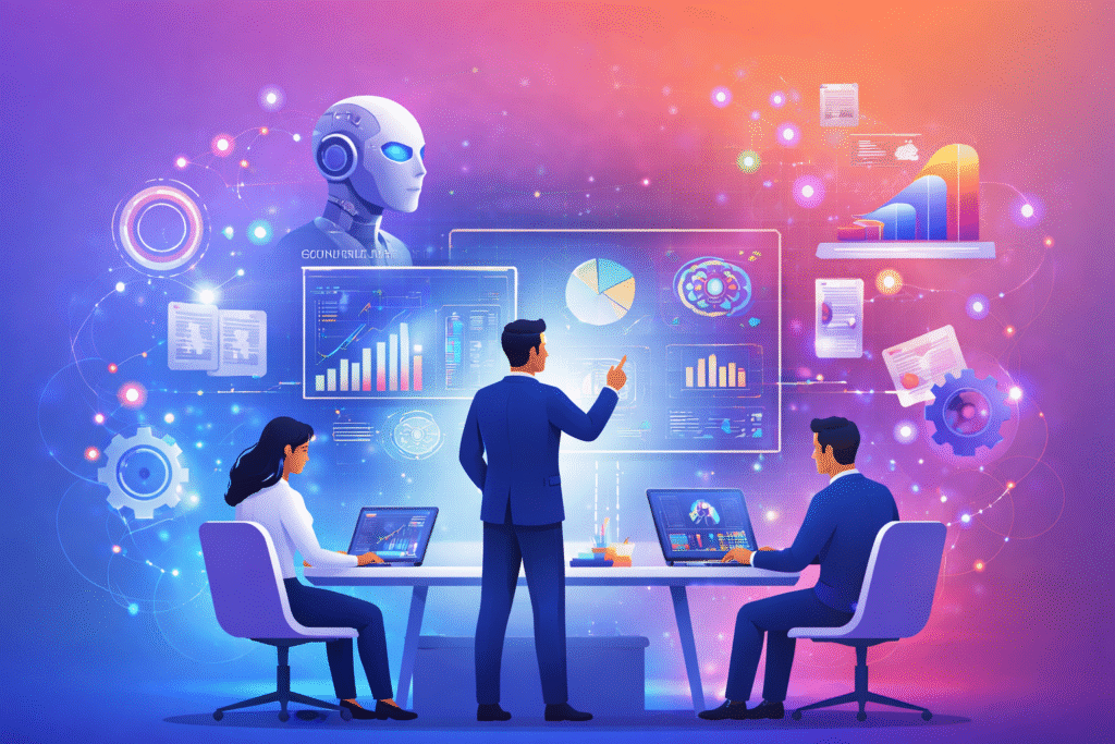 Artificial Intelligence Consultancy: The Strategic Advantage Modern Businesses Can’t Ignore Artificial intelligence consultancy professionals reviewing AI analytics and business data in a modern workspace.