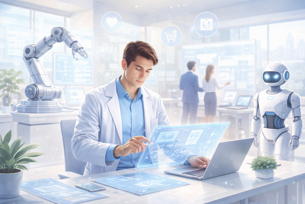 Artificial Intelligence Maker building AI solutions in a bright modern tech lab with robotics and digital dashboard