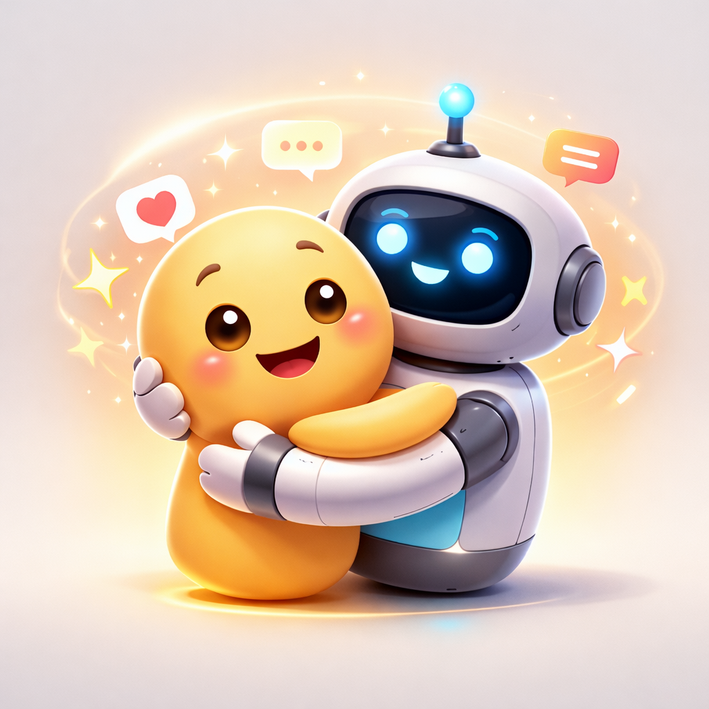 Hugging face AI themed image representing human-AI connection and friendly machine learning interaction