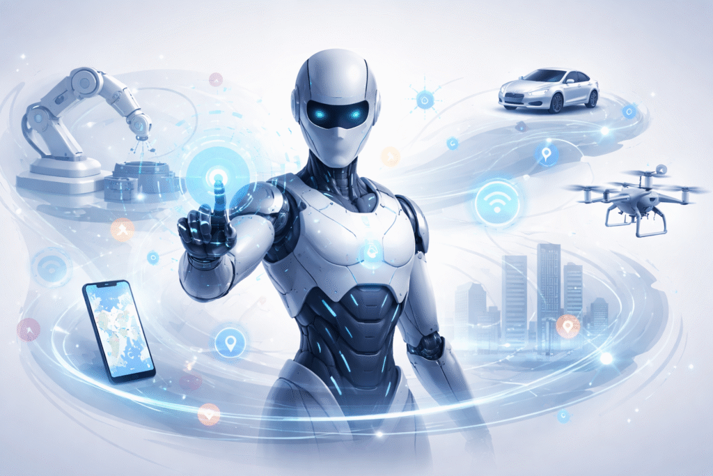 Futuristic autonomous AI agent controlling multiple connected systems like robotics, drones, vehicles, and smart devices in a modern digital ecosystem representing Agentic AI.