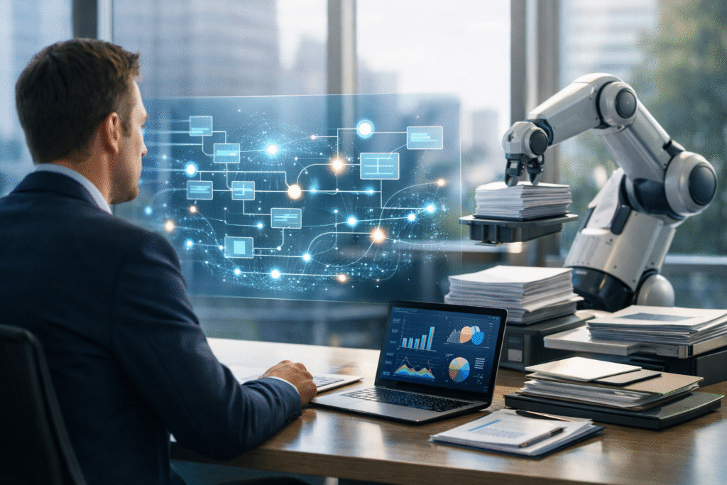 AI automation ROI visualization with AI dashboard and robotic automation handling business documents in a modern workspace