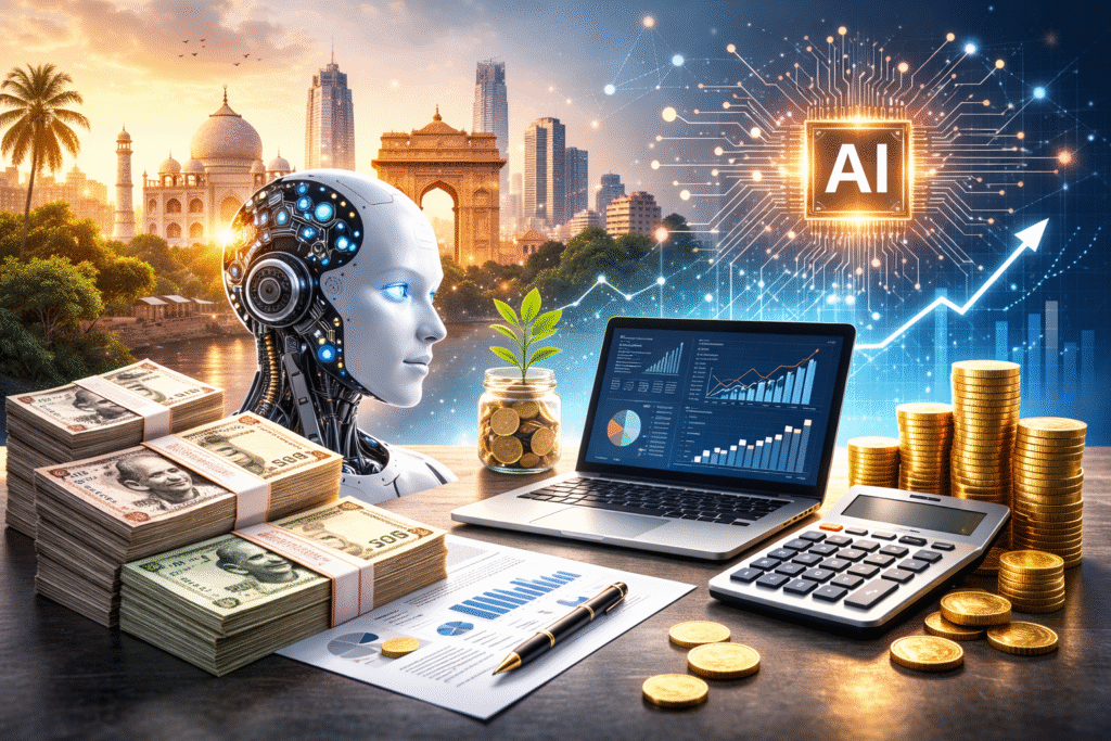 Conceptual illustration representing AI development cost in India with AI robot, laptop analytics dashboard, Indian currency stacks, coins, and growth charts symbolizing AI investment and technology development
