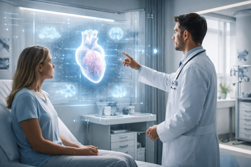 Doctor using AI in healthcare system to analyze medical imaging in modern clinic