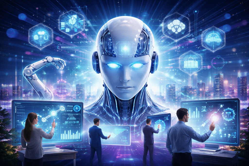 Futuristic visualization of AI trends in 2025 showing advanced artificial intelligence systems, robotic automation, and professionals interacting with digital dashboards.