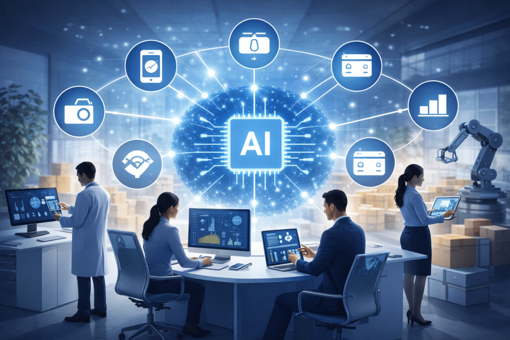 AI use cases for business illustrated with a central AI chip connecting healthcare, finance, retail, and manufacturing workflows