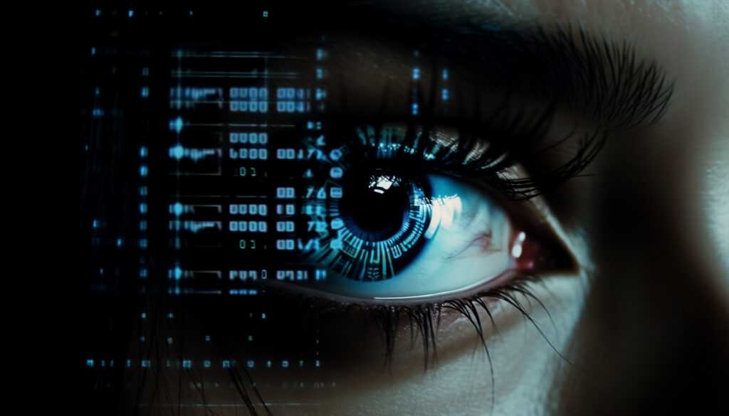 Blueeyed Cyborg Woman Watches Futuristic Computer Data Generated By Ai 1024x585