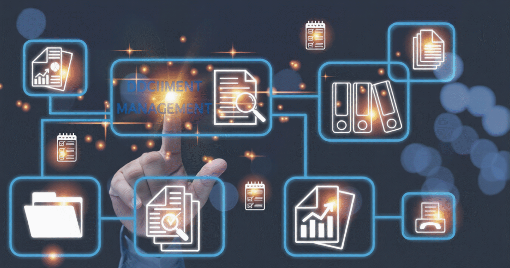 Businessman Touching Icon Virtual Online Database Process Automation Manage Files Knowledge Documentation Company Document Management System 271541 307 Ezremove 1 1024x539