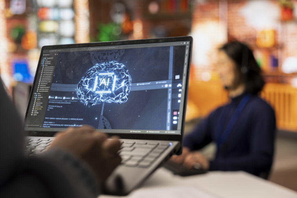 Call Center Worker Using Ai Tech Laptop Reply Customers Closeup 1 1024x683
