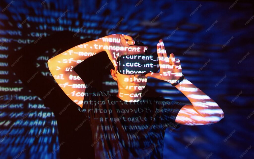 Double Exposure Caucasian Man Virtual Reality Vr Headset Is Presumably Gamer Hacker Cracking Code Into Secure Network Server With Lines Code 146671 18939 1024x642