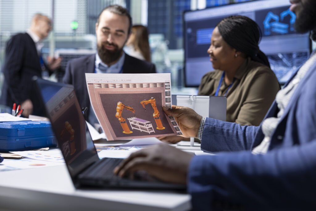 Factory Managers Look Schematics Planning Facility Upgrades Using Laptop 1024x683