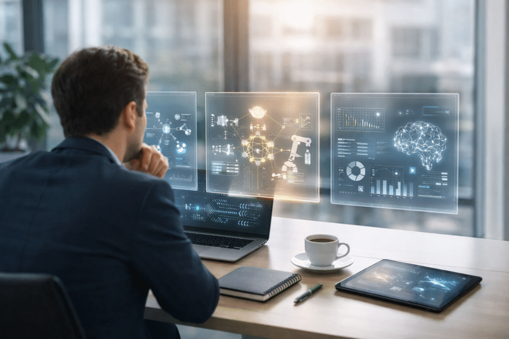 Business professional comparing AI vendors on holographic screens in a modern office, illustrating how to choose AI development company for strategic technology decisions