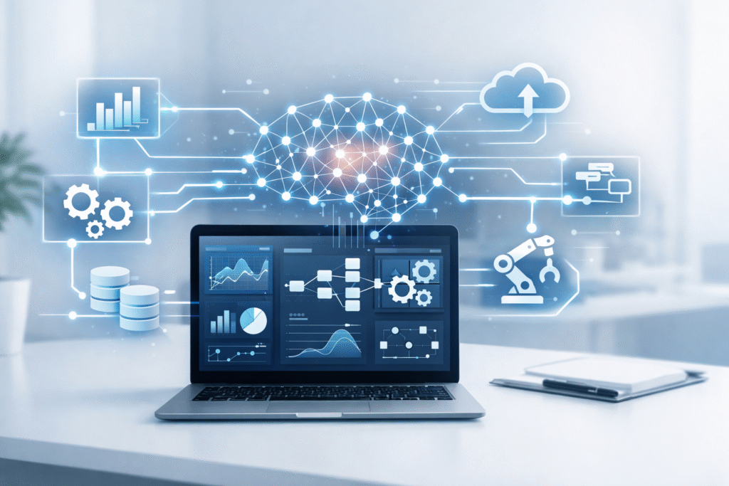 Modern illustration showing how to implement AI in business with a laptop displaying analytics dashboards, automation workflows, neural network connections, and data integration systems
